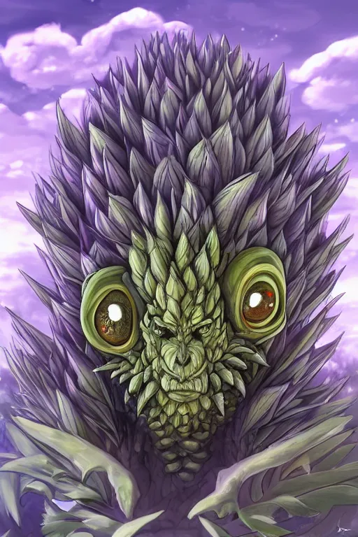 Image similar to a humanoid artichoke monster with large orb eyes, highly detailed, digital art, sharp focus, trending on art station, plant, anime art style