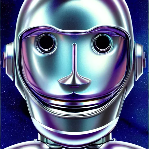 Image similar to airbrush illustration for omni magazine of a chrome robot head, silver and purple colors, illustration, airbrush, magazine cover, vivid, retro, grainy, masterpiece