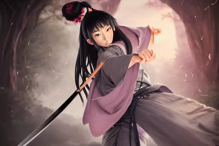 Prompt: highly detailed beautiful photo of a madison beer as a young female samurai. practising her sword stances, art by koyoharu gotouge, symmetrical face. beautiful eyes, realistic, 8 k, award winning photo, pastels colours, action photography, 1 / 1 2 5 shutter speed, sunrise lighting,