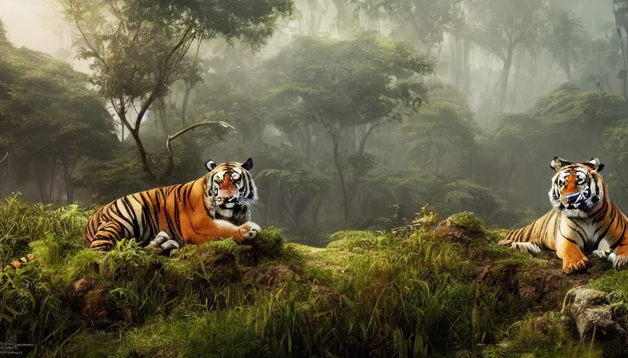 Image similar to a happy tiger, peaceful, plants environment, wide angle, establishing shot, cinematic lighting, atmospheric, realistic, octane render, highly detailed, color graded, matte painting in the style of craig mullins