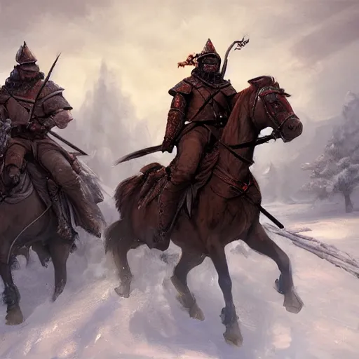 Prompt: Two knights on horseback seen from afar riding in the snow, snowy landscape, snow storm, fantasy, highly detailed, digital painting, artstation, concept art, illustration, art by Bayard Wu and Marc Simonetti and Diego Gisbert Llorens