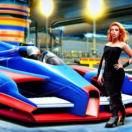 Prompt: photo of Scarlett Johansson inside video game F-Zero GX standing next to the Blue Falcon racing machine, sunrise, fine art photography