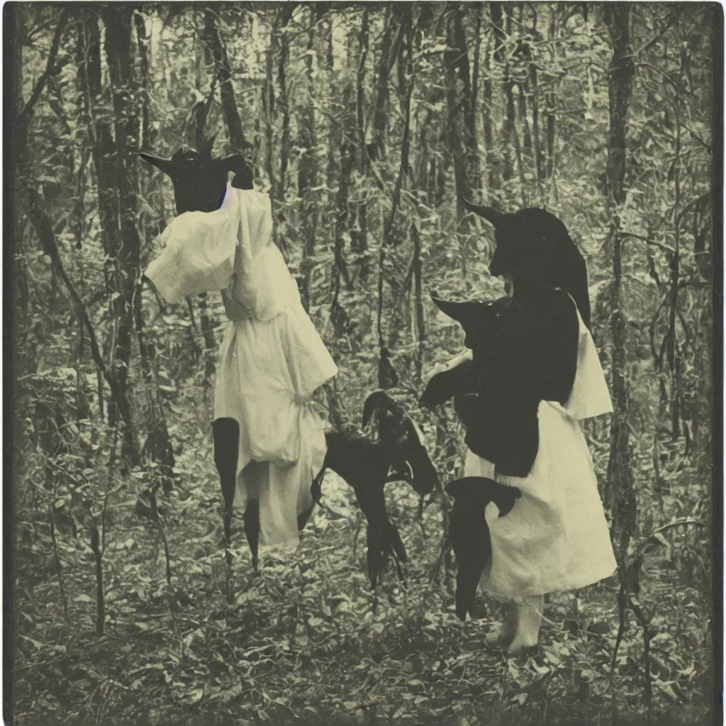 Image similar to polaroid vintage of a woman with black goat mask in the forest, occult