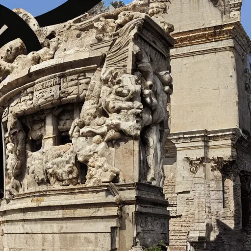 Prompt: titans at war with pirates, destroyed roman architecture