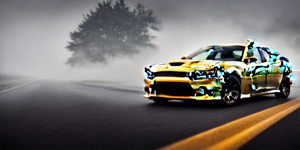 Prompt: parked 2 0 2 2 dodge charger srt hellcat, fog, rain, volumetric lighting, beautiful, golden hour, golden ratio, sharp focus, highly detailed, cgsociety