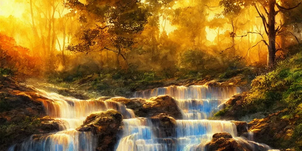 Image similar to golden hour waterfall nature landscape, watercolor, ultra realistic, highly detailed, hd, sharp focus, cinematic lighting, warm colors, realistic, photorealistic, vivid colors, painting, digital art, non blurry, sharp, artstation, smooth, illustration