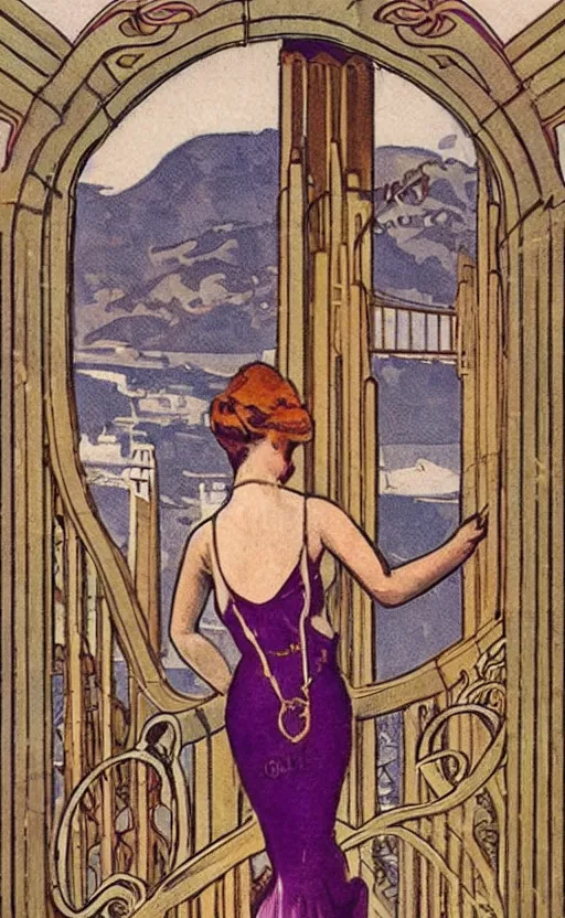 Prompt: art nouveau! style, woman overlooking, golden gate bridge! first pillar!!! in the background, early 1 9 0 0 s!!