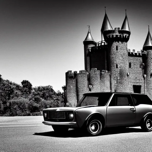 Image similar to An AMC gremlin parked outside of a castle. Dark Fantasy. Film Noir. Black and White. High Contrast.