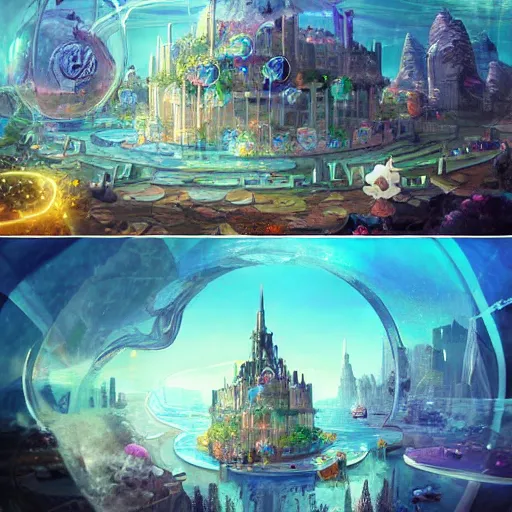 Image similar to a bubble terrarium utopia, with cities galore, dynamic lighting, fantasy concept art, trending on art station, stunning visuals, creative, cinematic, ultra detailed