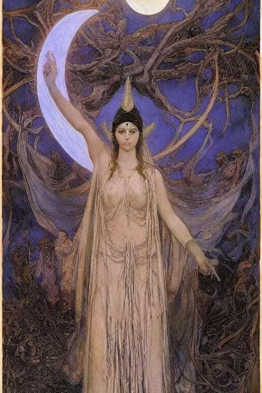 Prompt: goddess of the moonlit dead with her regalia, by Annie Swynnerton and Nicholas Roerich and jean delville, dramatic cinematic lighting , ornate headdress , flowing robes, lost civilizations, extremely detailed