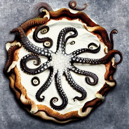 Prompt: an octopus eating a white pie, photorealistic