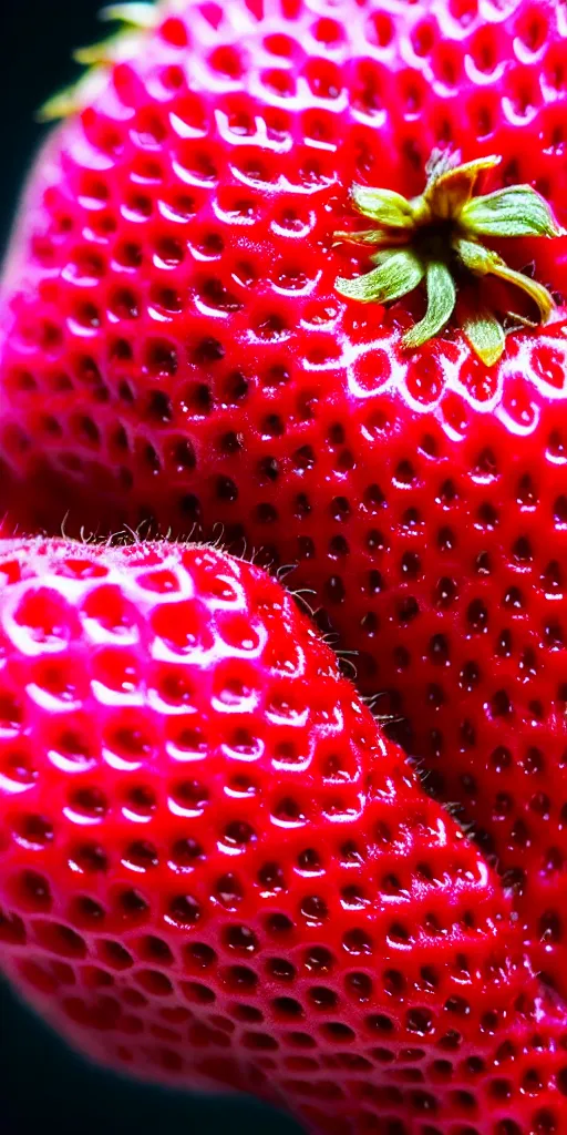 Image similar to a extreme macro photo of a strawberry, hyper realistic, hyper detailed, 35mm, very grainy film, pink volumetric studio lighting, bokeh, black background award winning shot, vogue magazine, cinematic, 8k, very closeup, elegant, tender, pastel W 1024