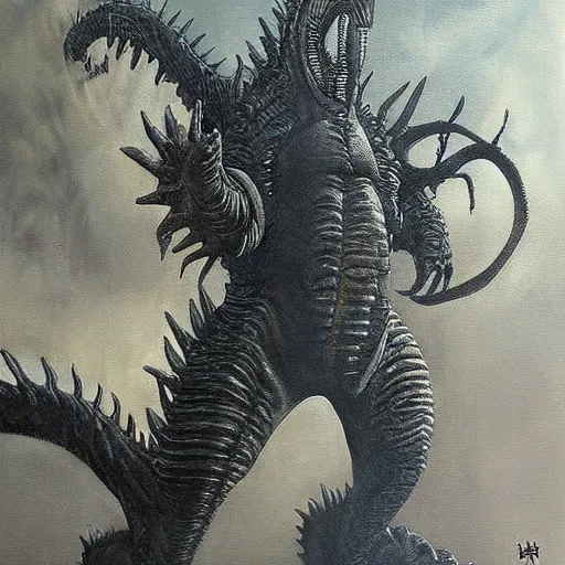 Image similar to godzilla xenomorph, hr giger painting