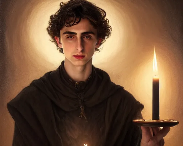 Image similar to a mind - blowing portrait of fortune seeker timothee chalamet, holding a candle holder, wearing dark maritime clothing, long night cap, deep focus, d & d, fantasy, intricate, elegant, highly detailed, digital painting, artstation, concept art, matte, sharp, illustration, hearthstone, art by artgerm and greg rutkowski and alphonse mucha