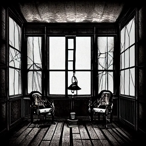 Prompt: Surreal Fantasy Dark Attic covered in Cobwebs Eerie Spooky Dimly Lit by a Kerosene Lamp Lighting Storm Visible through window Chairs with drapes and boxes of old photos HDR