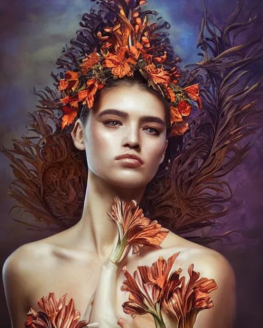 Prompt: portrait of a gorgeous young gladioli queen, uniquely beautiful, surreal, fantasy, ornamental, intricate, elegant, dramatic lighting, emotionally evoking symbolic metaphor, highly detailed, lifelike, photorealistic, digital painting, artstation, concept art, smooth, sharp focus, illustration, art by John Collier and Krenz Cushart and Artem Demura and Alphonse Mucha and Albert Aublet