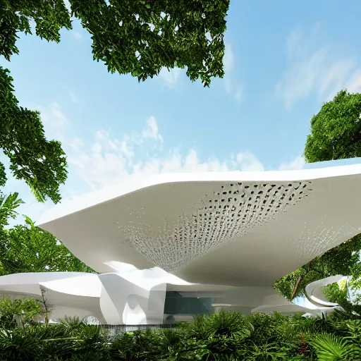 Image similar to evolving fractal, flowing white architectural Villa, futuristic 3D, voronoi pattern pavilion with magnolias on the roof, perforated shaders, sunrays through the pavilion structure, lush botanical trees, prairie landscaping, sunrise, golden hour, illuminated pool, fluffy clouds