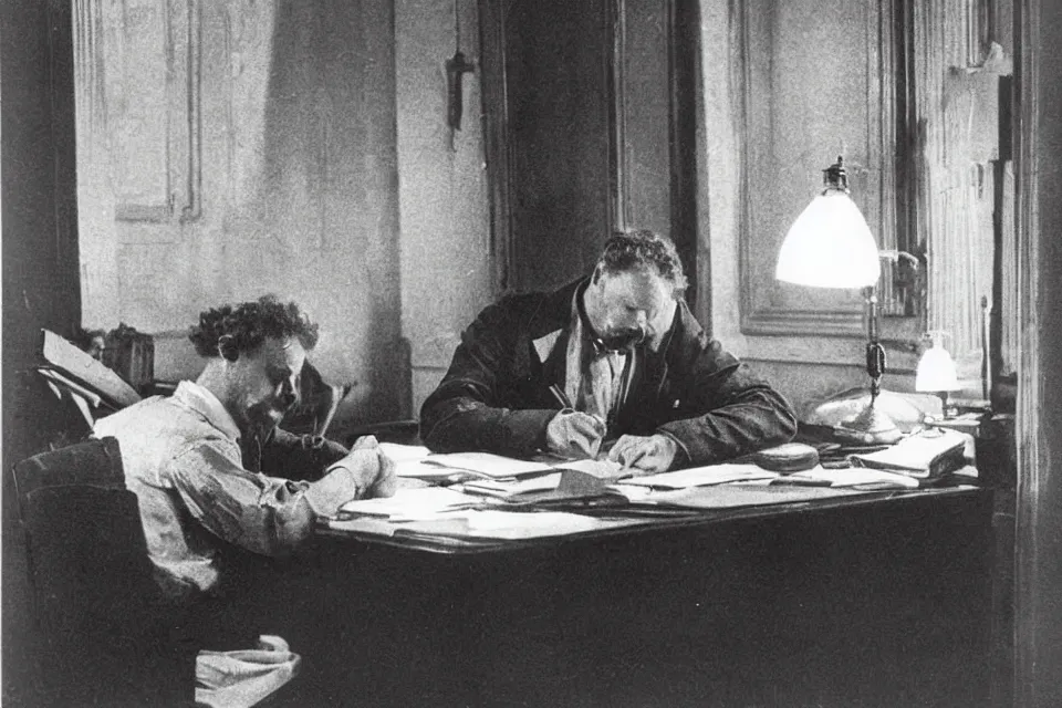 Prompt: august strindberg writing alone at a secretary desk in a small viennese apartment, night time, alone, lamplight, victorian era, depth of field
