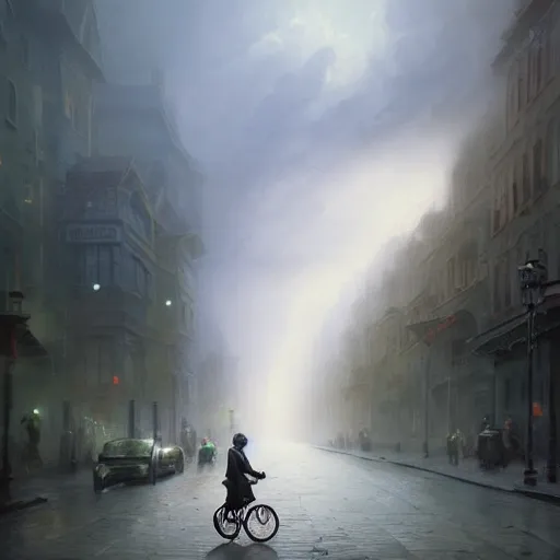 Image similar to cinematic shot epic portrait peter capaldi riding a bicycle in the streets, atmospheric, cloudy, broad light, ambient occlusion, volumetric light effect, made by ivan aivazovsky, peter mohrbacher, greg rutkowski, ross tran, matte painting, trending on artstation, 4 k, perfectly defined features, digital painting, cinematic, epic, highly detailed,