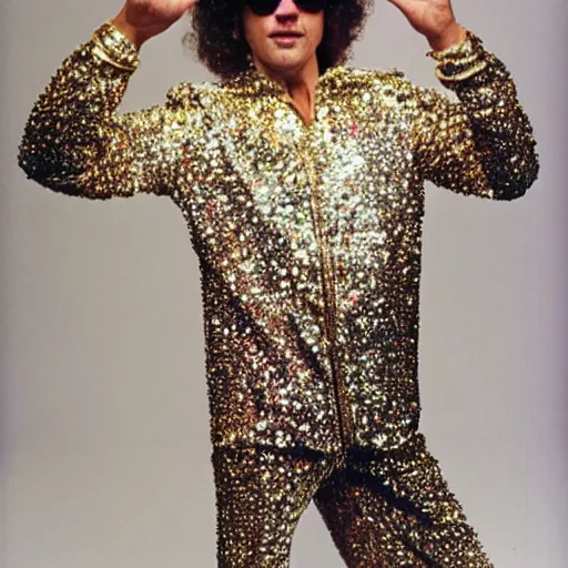 Image similar to uhd candid photo of disco stu wearing disco suit, intricate disco costume. correct face, correct disco attire. photo by annie leibowitz