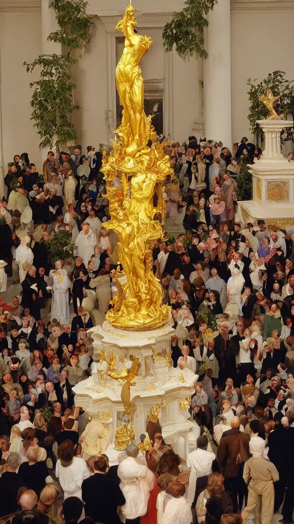 Prompt: a crowd of people pray a golden rabbit statue god in up center, botanical room by john singer sargent