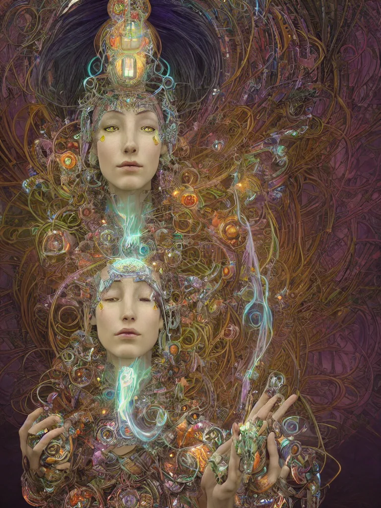 Image similar to an ancient mystical alluring female shaman generating flowing energy and surrounded by wisps of incense smoke sits meditating in a magical cybernetic robot temple , face face face, by android jones and brian froud and alphonse mucha, 3d, cinema 4d render