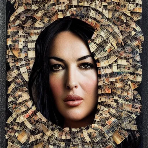 Prompt: a beautiful!!! collage art portrait of Monica Bellucci constructed from pages from alchemical grimoires, 8K, highly detailed, cryptic and mysterious, hypermaximalist, photorealistic