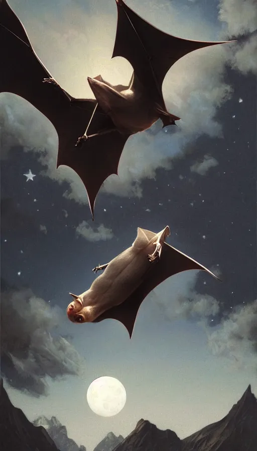 Image similar to hyper realistic white fruit bat, flying against a dark black night sky, mountain in the background, moonlight, denoised, very detailed, painted by, norman rockwell, tom bagshaw