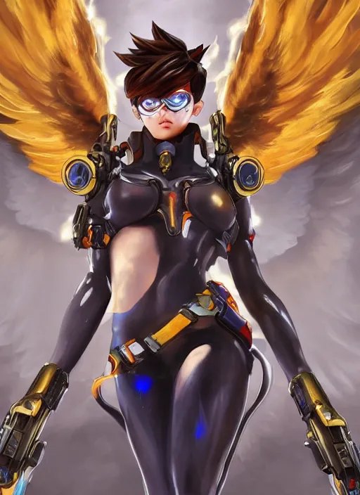 Prompt: full body oil painting of tracer overwatch in the style of mark brooks, angel wings, dramatic painting, symmetrical composition, silky garment, high detail, gold detailed choker, angelic, lights, flowers, heavenly, bright, detailed face,