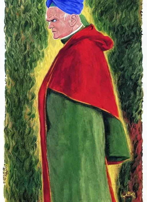Image similar to turban and shoulder pads with cape wearing john paul ii as piccolo from dragon ball z by claude monet