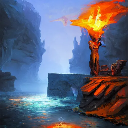 Prompt: acrylic painting, impressionism and expressionism, bold colors, expressive brushstrokes. the ferryman under a stone bridge over the river styx in hades. fantasy art by tyler edlin, cgsociety, burning torches, cliffs