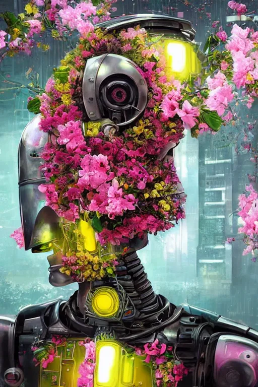 Prompt: a painting of a robot with flowers in his face, a cyberpunk portrait by Vladimir Tretchikoff, cgsociety, panfuturism, made of flowers, cryengine, prerendered graphics