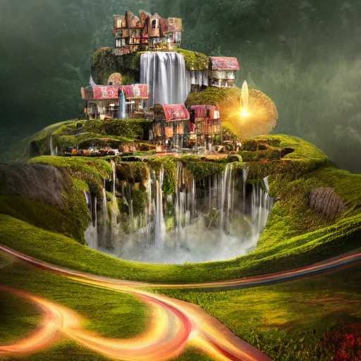 Image similar to waterfall village, by benoit mandelbrot, filip hodas, vincent callebaut, and mike campau