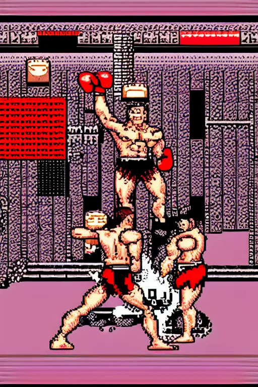 Image similar to extreme long shot. 8 bit nes graphics. hermann nitsch. antropomorphic muscular masculine wolf. kickboxer fighter, in shorts. wolf head. art from nes game cartridge,