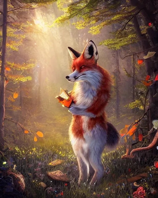Prompt: Fox playing music in magical forest, portrait, wearing hat, magical notes, fairy atmosphere, magic the gathering artwork, D&D, fantasy, cinematic lighting, centered, symmetrical, highly detailed, digital painting, artstation, concept art, smooth, sharp focus, illustration, volumetric lighting, epic Composition, 8k, art by Akihiko Yoshida and Greg Rutkowski and Craig Mullins, oil painting, cgsociety