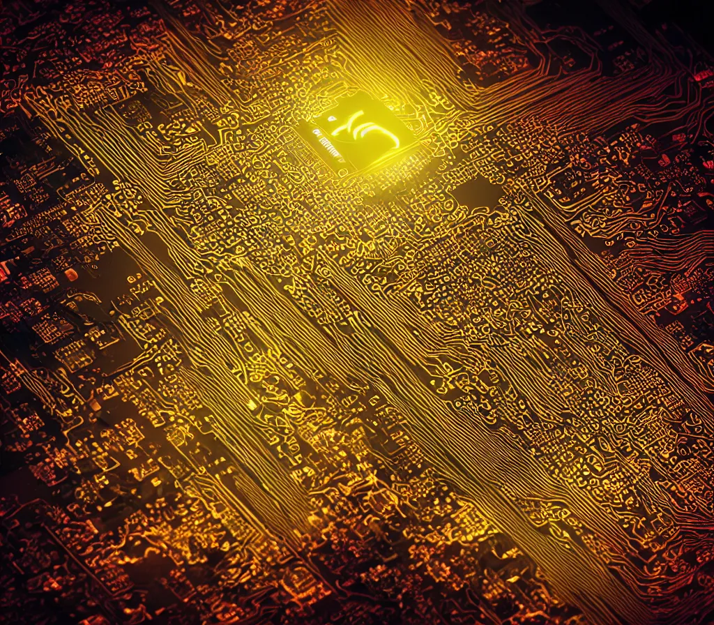 Prompt: “cinematic picture of a red cyberpunk arasaka computer chip on a yellow circuit board, Arasaka, cyberpunk 2077, 8k, octane render, wallpaper”