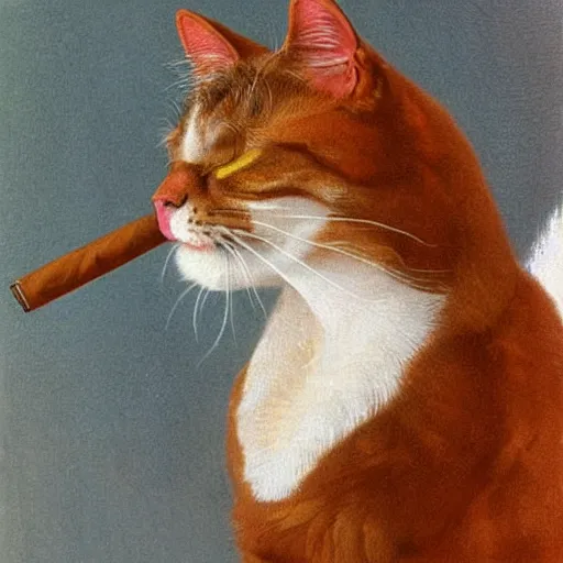 Image similar to a cute portrait of a flamboyant cat with a cigar in its mouth