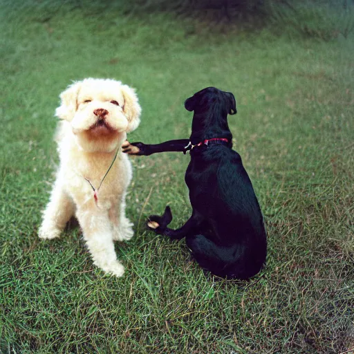 Image similar to photo cat and dog shaking each others paws, kodak portra 4 0 0 color negative film