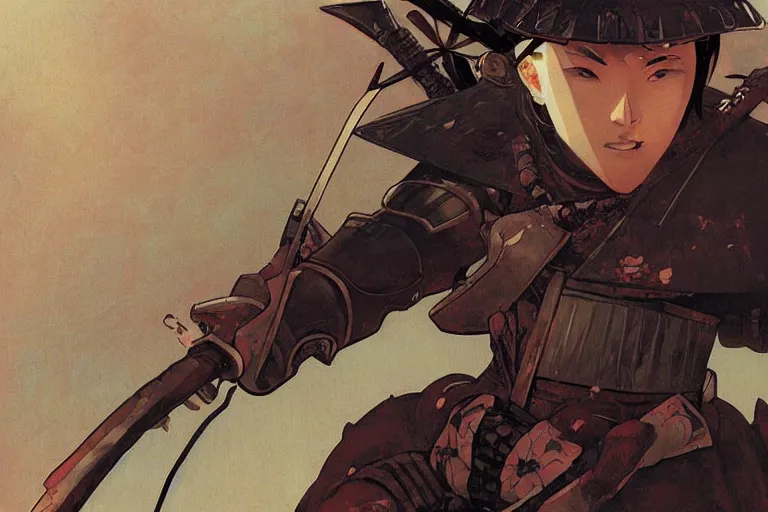 Prompt: close up of a wounded samurai in full armor on a battlefield, dusk, by fiona staples, range murata, alphonse mucha