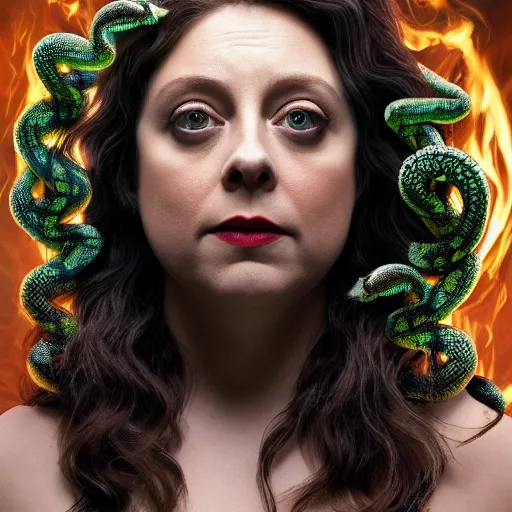 Prompt: rachel bloom as medusa with ghostly snakes for hair, highly detailed, hyper realistic, 8 k resolution