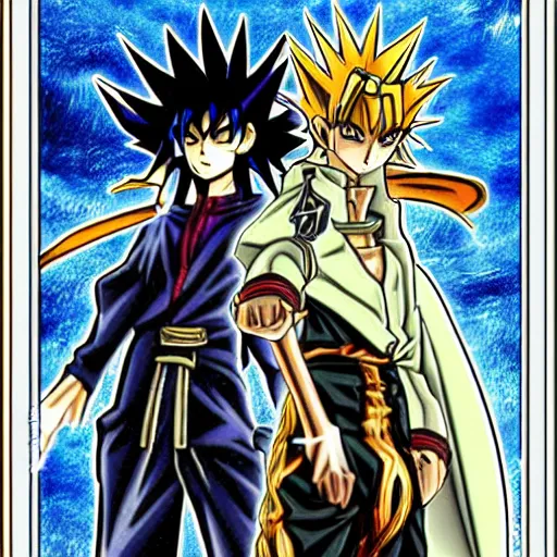 Image similar to anime, manga drawing of yugi muto versus sauron from lotr lord of the rings, yu - gi - oh art