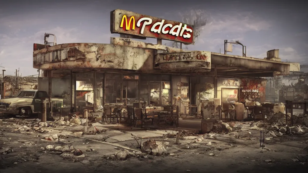 Prompt: post apocalyptic McDonalds::1, fallout, wasteland, octane render, 8k