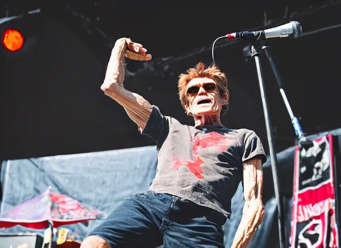 Image similar to photo still of willem dafoe on stage at vans warped tour!!!!!!!! at age 4 0 years old 4 0 years of age!!!!!!! singing into a mic, 8 k, 8 5 mm f 1. 8, studio lighting, rim light, right side key light