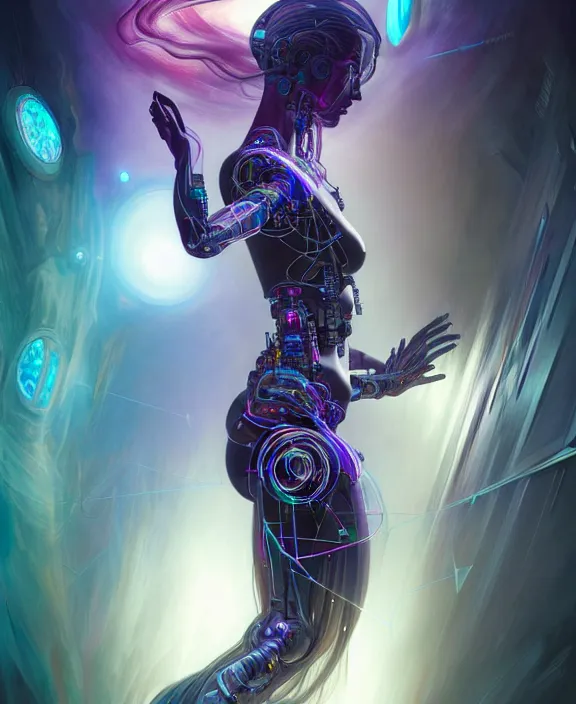 Image similar to a whirlwind of souls rushing inside the metaverse, hologram, half body, neurochip, shaved temple, piercing, jewelry, android, cyborg, cyberpunk face, by loish, d & d, fantasy, intricate, elegant, highly detailed, colorful, digital painting, artstation, concept art, art by artgerm and greg rutkowski and alphonse mucha