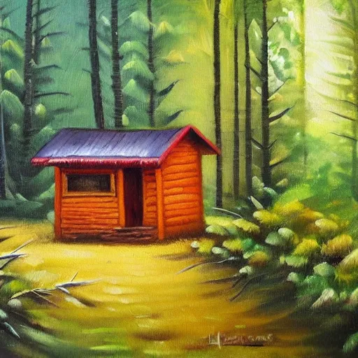 Prompt: small hut, tiny house, hidden in beautiful forest, oil painting, natural colours