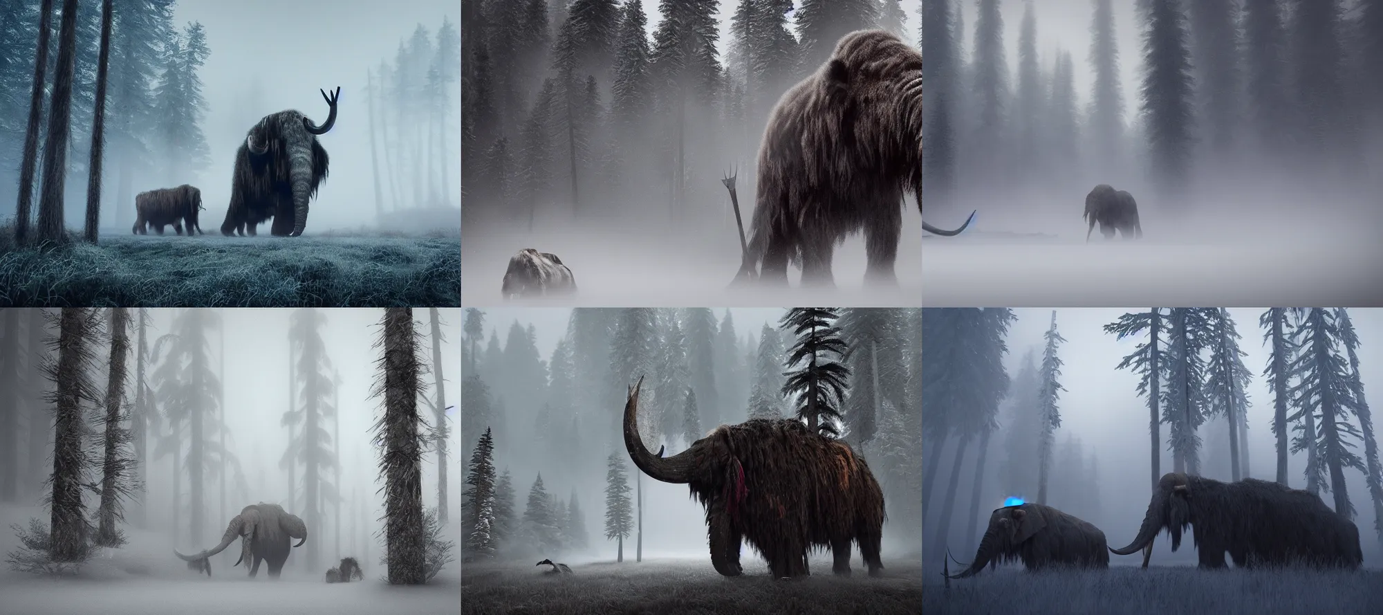 Prompt: native american weilding spear next to woolly mammoth emerging from fog, snowy forest, dramatic, cinematic, artstation, realistic photograph, ambient, dark shades of colors, unreal engine 5, rendered by octane