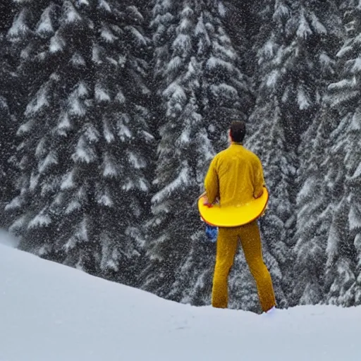 Prompt: man riding a yellow surfboard down a snowy mountain, high quality, hyper realistic, dramatic