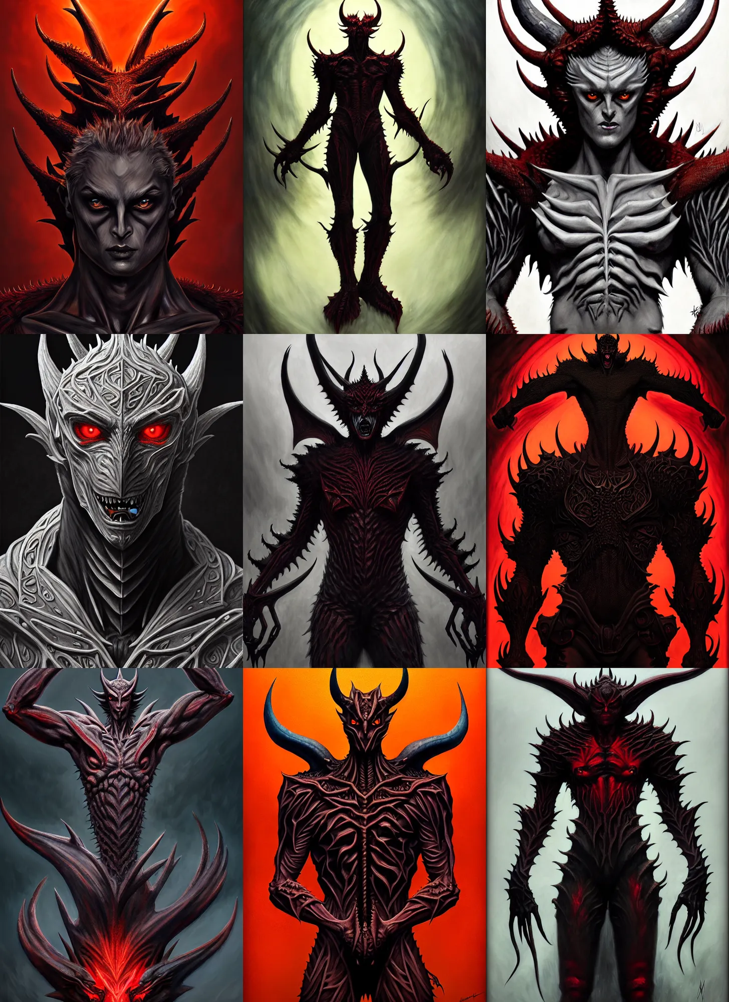 Prompt: symmetrical full body savage devilman, simplify stylized intricate skin pattern, full body, wearing dragon armor, hyper realistic, extremely detailed, dnd character art portrait, dark fantasy art, intricate fantasy painting, dramatic lighting, vivid colors, sharp focus, 8 k, artstation, by edgar maxence and michael whelan and delacroix and norman rockwell