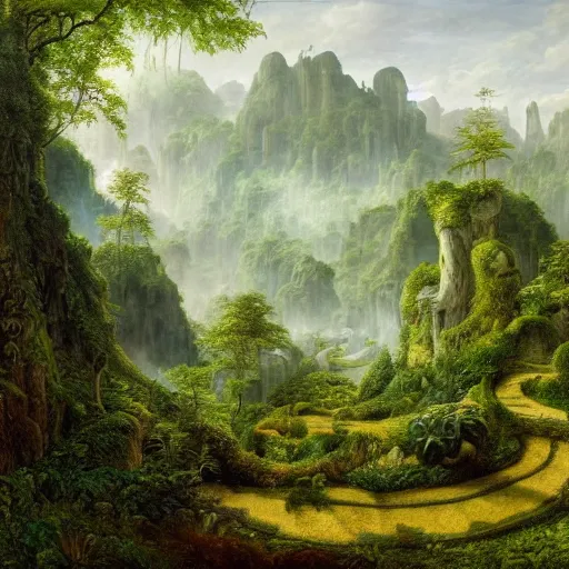 Image similar to a beautiful and highly detailed matte painting of a magical garden in a lush forest deep in an epic mountain range, intricate details, epic scale, insanely complex, 8 k, sharp focus, hyperrealism, by caspar friedrich,