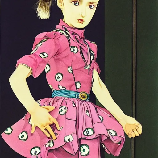 Image similar to little girl wearing an gucci's outfit. art by hirohiko araki, inspired by balthus, highly detailed, realistic,